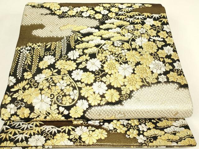 平和屋着物▼佐賀錦 西陣野々村織物謹製 六通柄袋帯 雲取四季花文 金糸 正絹 逸品 DABJ1031az