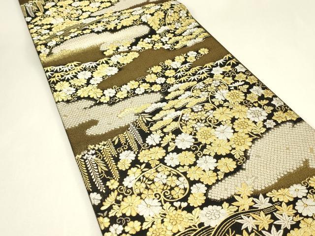 平和屋着物▼佐賀錦 西陣野々村織物謹製 六通柄袋帯 雲取四季花文 金糸 正絹 逸品 DABJ1031az