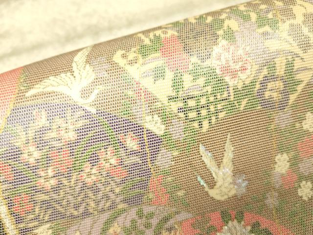 平和屋着物▼太鼓柄袋帯 螺鈿箔 几帳花鳥文 金彩 引箔 正絹 逸品 DABJ1058az