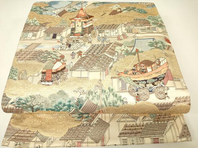 平和屋着物▼六通柄袋帯 洛中洛外屏風絵 金糸 正絹 逸品 DABJ1060az