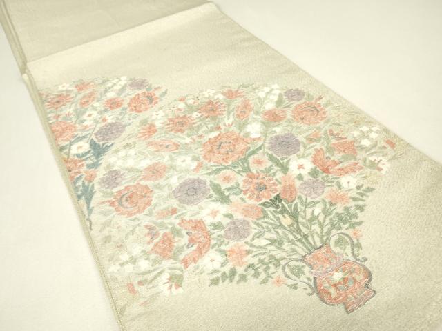 平和屋着物▼太鼓柄袋帯 駒刺繍 総刺繍 陶器花文 銀糸 正絹 逸品 DABJ1068az