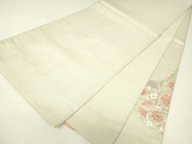 平和屋着物▼太鼓柄袋帯 駒刺繍 総刺繍 陶器花文 銀糸 正絹 逸品 DABJ1068az