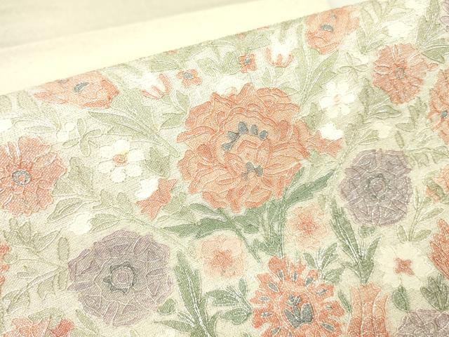 平和屋着物▼太鼓柄袋帯 駒刺繍 総刺繍 陶器花文 銀糸 正絹 逸品 DABJ1068az