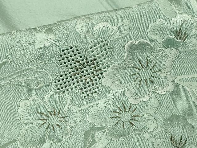 平和屋着物▽中国三大刺繍 スワトウ刺繍 汕頭刺繍 総刺繍 訪問着 単衣 草花文 錆青磁色 金糸 正絹 逸品 DABJ1070az