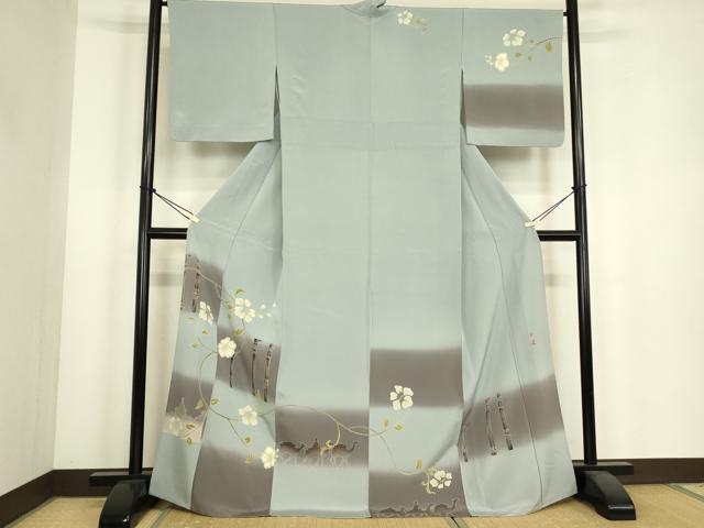 平和屋着物▽京加賀友禅 松本健一 訪問着 単衣 シルクロード 市松花文 暈し染め 正絹 逸品 DABJ1074az
