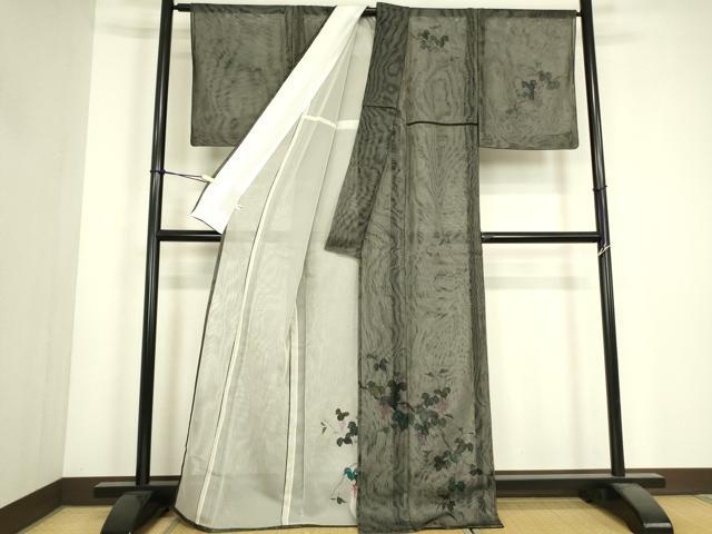 平和屋着物▽訪問着 無双 紗袷 紗×紗 葡萄蔦の葉文 手描き 黒地 正絹 逸品 DABJ1075az