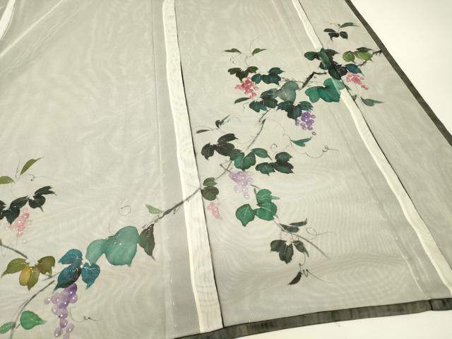 平和屋着物▽訪問着 無双 紗袷 紗×紗 葡萄蔦の葉文 手描き 黒地 正絹 逸品 DABJ1075az