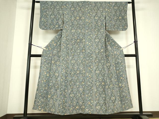 平和屋着物▽上質な小紋 単衣 動物更紗花文 鬼しぼ縮緬 正絹 逸品 DABJ1095az