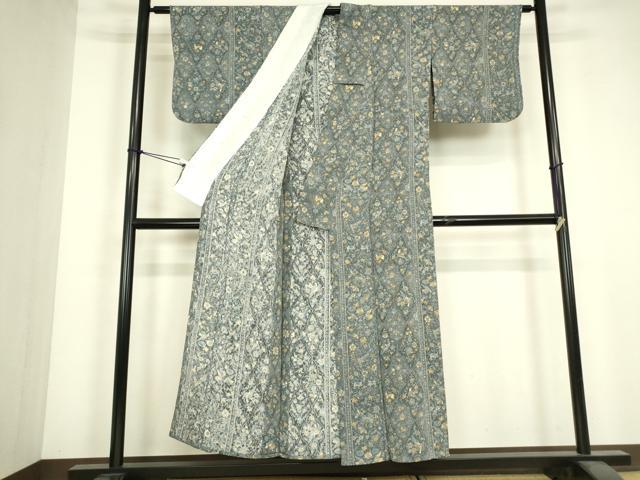 平和屋着物▽上質な小紋 単衣 動物更紗花文 鬼しぼ縮緬 正絹 逸品 DABJ1095az