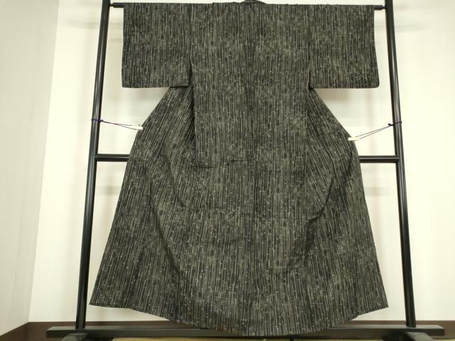 平和屋着物▽本場大島紬 薩摩結城 単衣 絣縞文 黒地 正絹 逸品 DABJ1103az