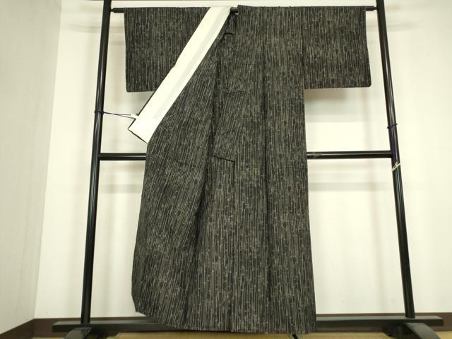平和屋着物▽本場大島紬 薩摩結城 単衣 絣縞文 黒地 正絹 逸品 DABJ1103az