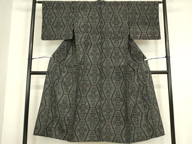 平和屋着物▽上質な紬 単衣 亀甲花文 正絹 逸品 DABJ1105az