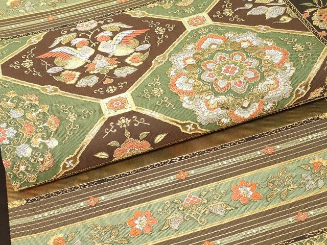 平和屋着物▼六通柄袋帯 正倉院向かい鳥花文 金銀糸 引箔 正絹 逸品 DABJ1130az