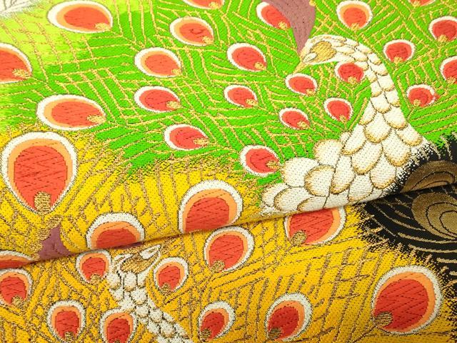 平和屋着物▼六通柄袋帯 唐織 孔雀文 黒地 金糸 正絹 逸品 DABJ1142az