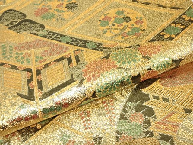 平和屋着物▼佐賀錦 六通柄袋帯 鴛鴦扇面花文 金糸 正絹 逸品 DABJ1144az