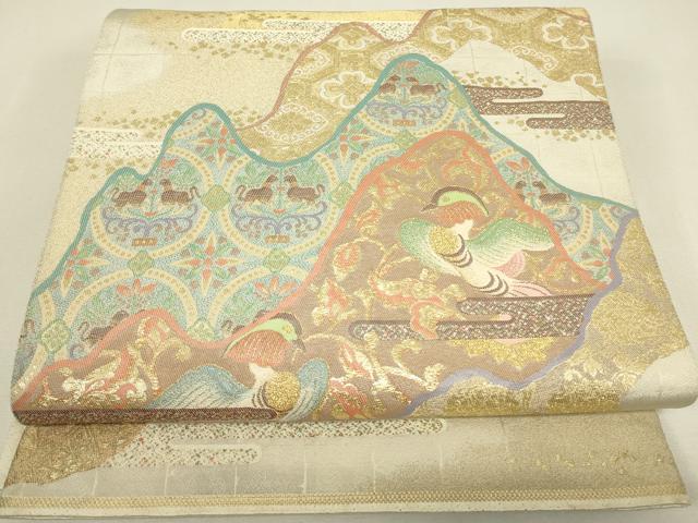 平和屋着物▼六通柄袋帯 鴛鴦花文 寿光織 金銀糸 正絹 逸品 DABJ1162az