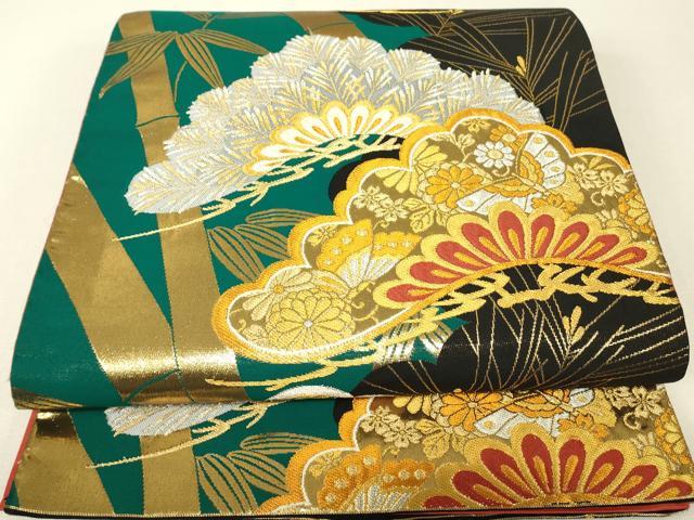 平和屋着物▼六通柄袋帯 老松宝尽くし花蝶文 黒地 金銀糸 正絹 逸品 DABJ1192az