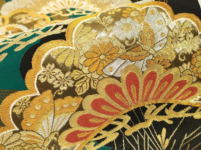 平和屋着物▼六通柄袋帯 老松宝尽くし花蝶文 黒地 金銀糸 正絹 逸品 DABJ1192az