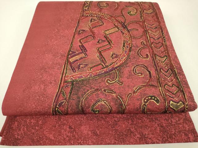 平和屋着物▼総刺繍 太鼓柄袋帯 紬地 幾何学文 正絹 逸品 DABJ1205az
