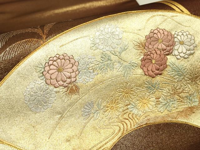 平和屋着物▼太鼓柄袋帯 駒刺繍 地紙花文 金銀彩 正絹 逸品 DABJ1219az