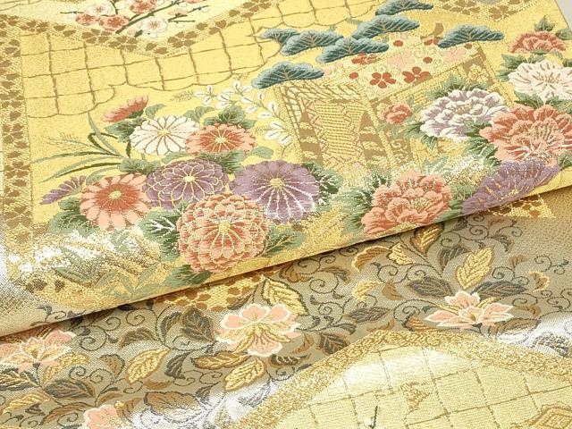 平和屋着物▼六通柄袋帯 屏風花車文 金糸 正絹 逸品 DABJ1223az