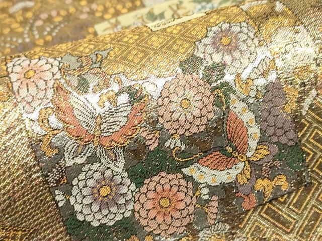 平和屋着物▼六通柄袋帯 草花色紙文 金糸 正絹 逸品 DABJ1237az