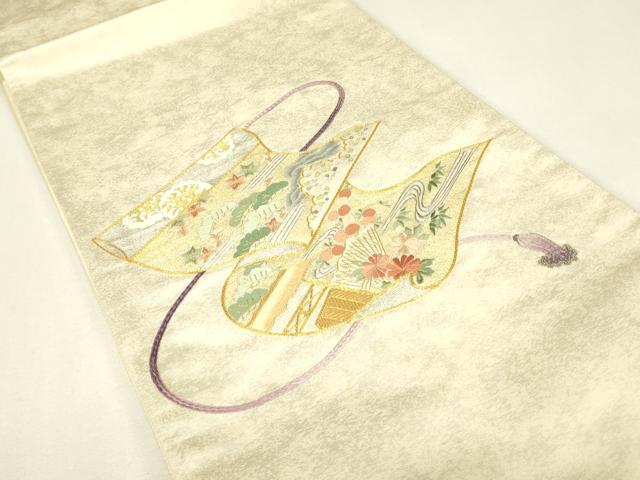 平和屋着物▼太鼓柄袋帯 駒刺繍 総刺繍 花松文 金銀糸 引箔 正絹 逸品 DABJ1250az