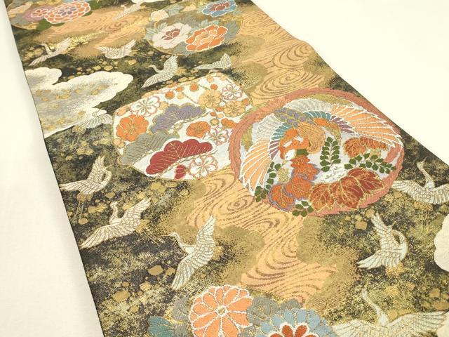 平和屋着物▼佐賀錦 全通柄袋帯 瑞鳥花の丸紋 金糸 正絹 逸品 DABJ1294az