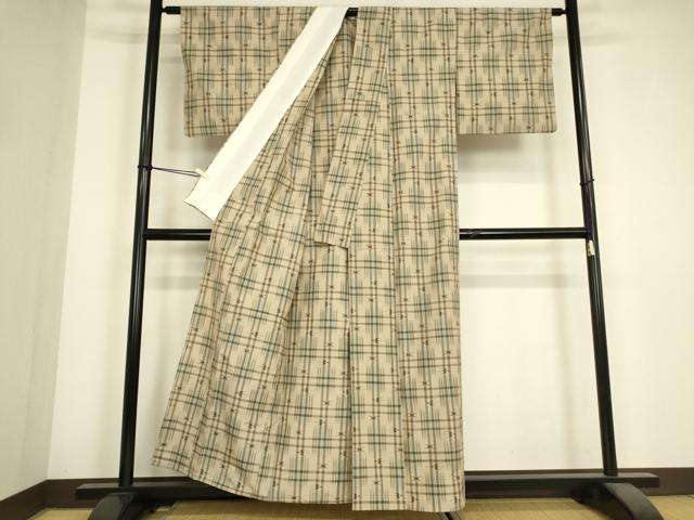 平和屋着物▽上質な紬 単衣 絣格子文 正絹 逸品 DABJ1358az