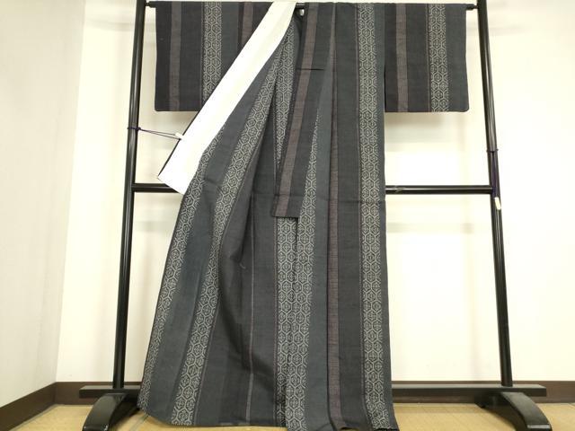 平和屋着物▽結城紬 単衣 亀甲花間道 80亀甲 正絹 逸品 DABJ1364az