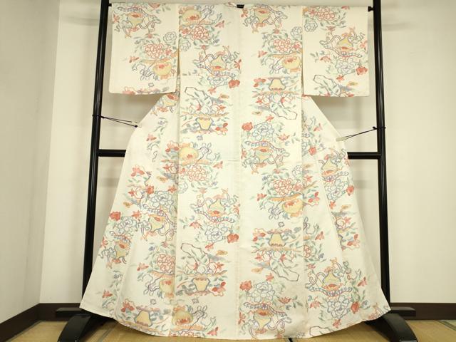 平和屋着物▽上質な小紋 単衣 陶器更紗花文 正絹 逸品 DABJ1369az