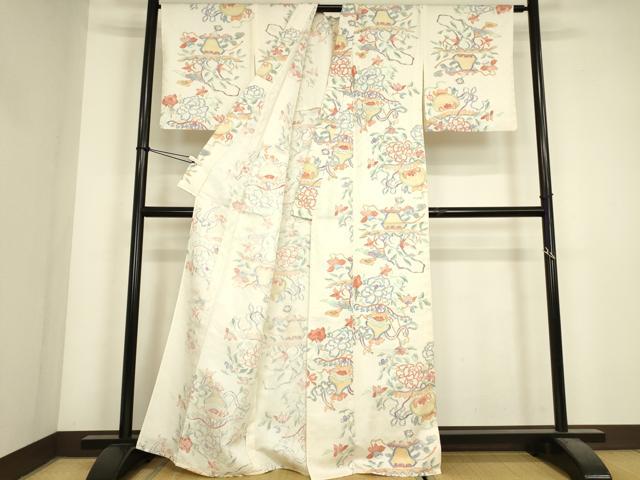 平和屋着物▽上質な小紋 単衣 陶器更紗花文 正絹 逸品 DABJ1369az