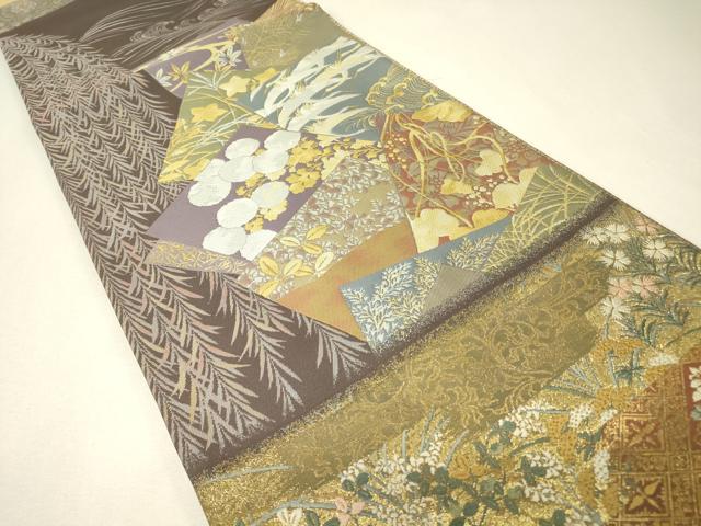 平和屋着物▼全通柄袋帯 色紙重ね飛鶴花文 金糸 正絹 逸品 DABJ1375az