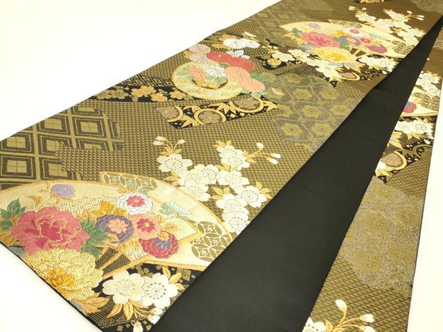 平和屋着物▼全通柄袋帯 円山あたり 扇面花文 金銀糸 さが美扱い 正絹 逸品 DABJ1456az