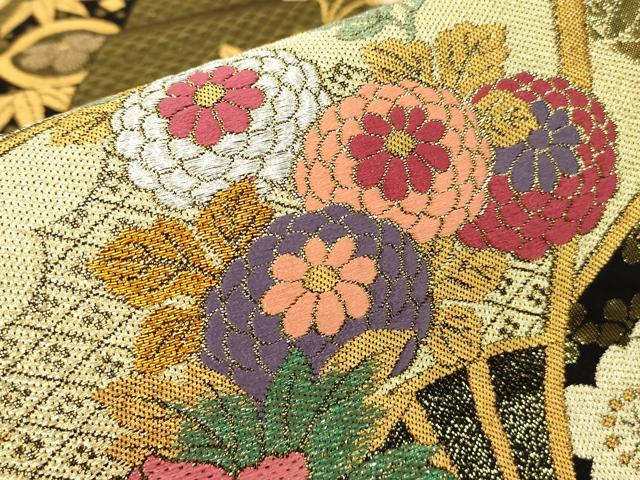 平和屋着物▼全通柄袋帯 円山あたり 扇面花文 金銀糸 さが美扱い 正絹 逸品 DABJ1456az