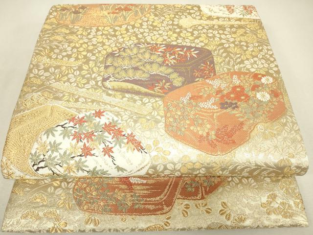 平和屋着物▼六通柄袋帯 花文箱 金糸 正絹 逸品 DABJ1480az
