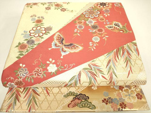 平和屋着物▼六通柄袋帯 舞蝶花文 金糸 正絹 逸品 DABJ1491az