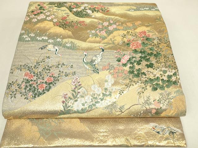 平和屋着物▼六通柄袋帯 群鶴花文 金糸 正絹 逸品 DABJ1502az