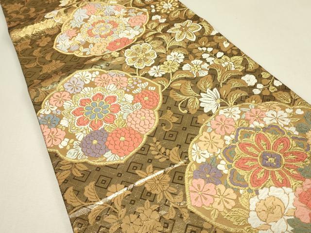 平和屋着物▼佐賀錦 六通柄袋帯 唐織 正倉院花文 金糸 正絹 逸品 DABJ1505az