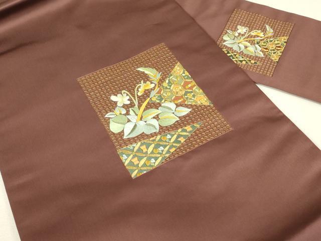 平和屋着物▼九寸名古屋帯 総刺繍 色紙花文 金糸 正絹 逸品 DABJ1523az
