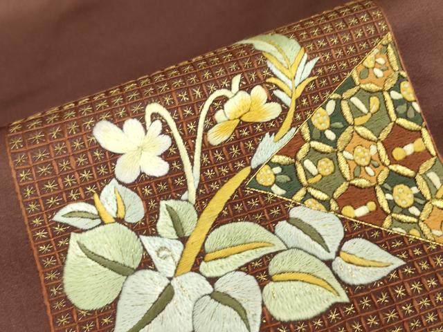 平和屋着物▼九寸名古屋帯 総刺繍 色紙花文 金糸 正絹 逸品 DABJ1523az