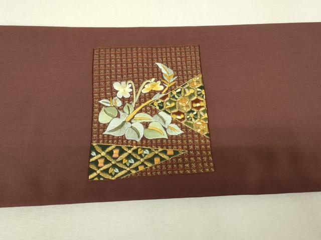 平和屋着物▼九寸名古屋帯 総刺繍 色紙花文 金糸 正絹 逸品 DABJ1523az
