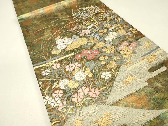 平和屋着物▼六通柄袋帯 休み鳥花文 金糸 引箔 正絹 逸品 DABJ1544az