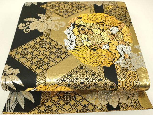 平和屋着物▼六通柄袋帯 雅錦 鳳凰花文 黒地 金銀糸 正絹 逸品 DABJ1547az