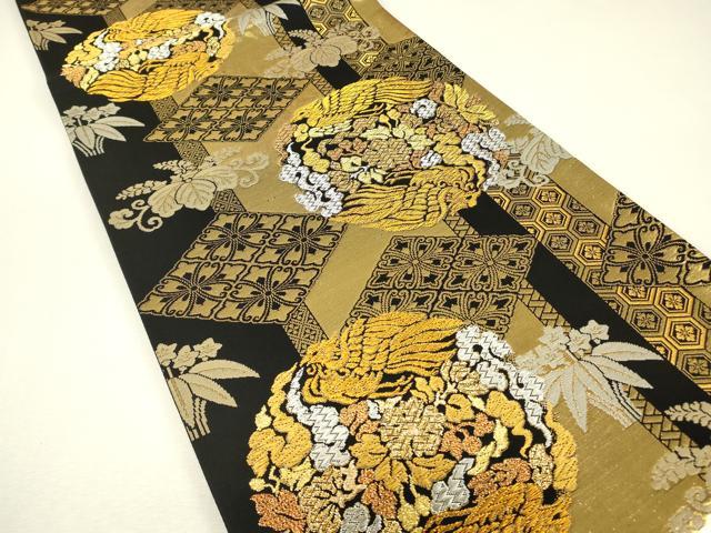 平和屋着物▼六通柄袋帯 雅錦 鳳凰花文 黒地 金銀糸 正絹 逸品 DABJ1547az