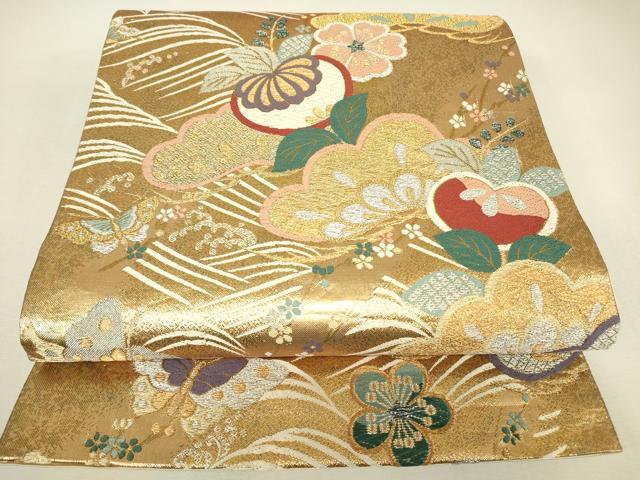 平和屋着物▼六通柄袋帯 吉祥花松文 金銀糸 正絹 逸品 DABJ1551az