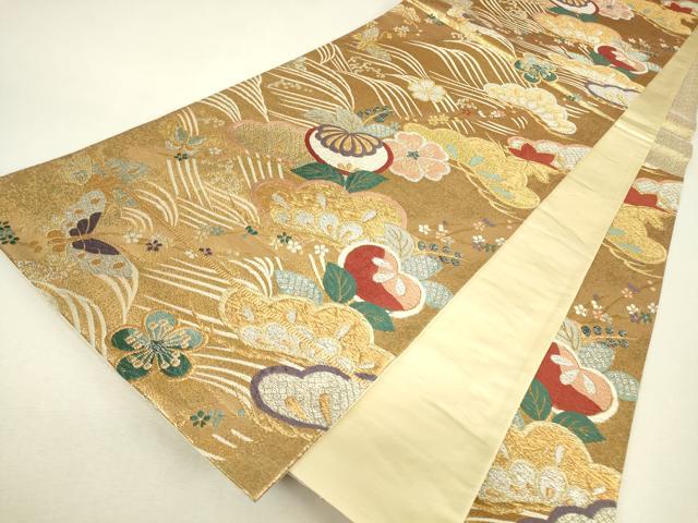 平和屋着物▼六通柄袋帯 吉祥花松文 金銀糸 正絹 逸品 DABJ1551az