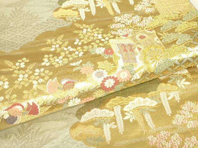 平和屋着物▼六通柄袋帯 御所車花文 金糸 正絹 逸品 DABJ1556az
