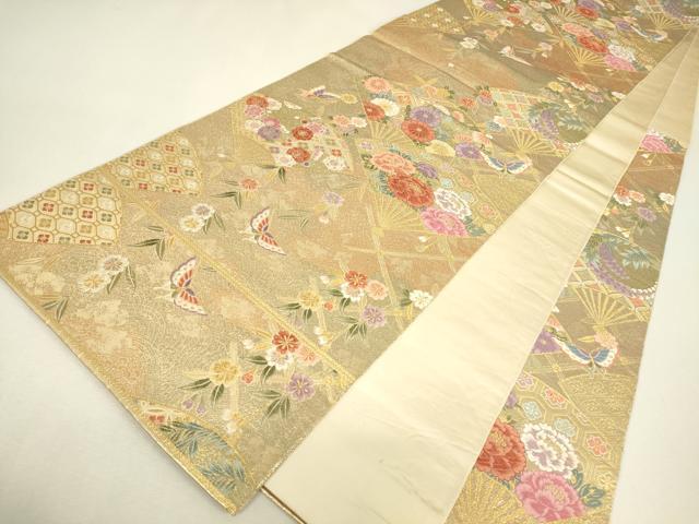 平和屋着物▼西陣 長嶋成織物 ながしま帯 六通柄袋帯 唐織 檜扇優美文 金糸 正絹 逸品 DABJ1561az