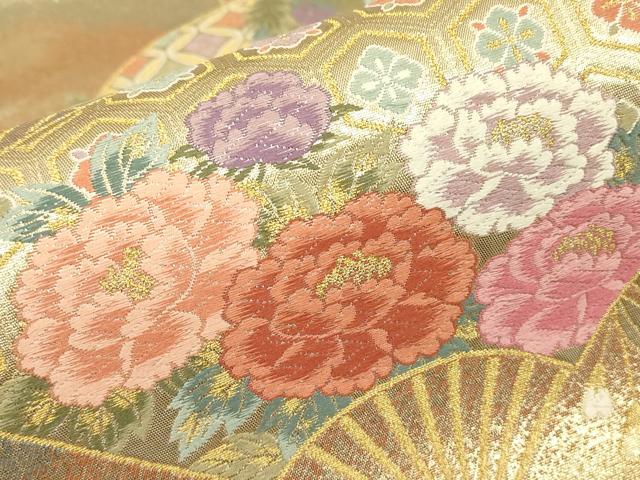 平和屋着物▼西陣 長嶋成織物 ながしま帯 六通柄袋帯 唐織 檜扇優美文 金糸 正絹 逸品 DABJ1561az